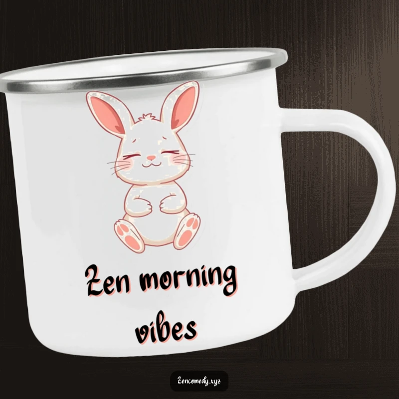 Funny camping mug with a playful rabbit in a meditative stance, eyes closed peacefully, durable for outdoor serenity and humor.