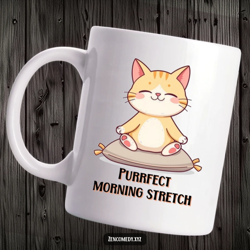 Funny mug featuring a contented cat sitting serenely on a cushion in a perfect yoga pose, radiating peace and humor.