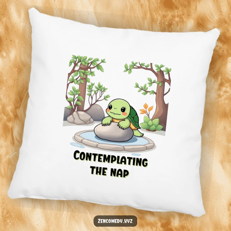 Funny Zen Turtle Pillow showing a calm turtle meditating in a zen garden, contemplating a smooth stone for ultimate comfort.