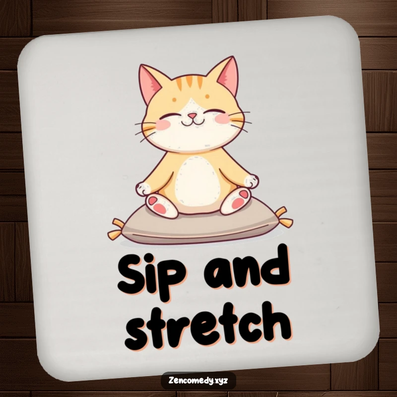 Funny drink coaster with a content cat sitting serenely on a cushion in a yoga pose, providing humorous surface protection.