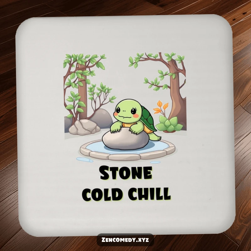 Funny Zen Turtle Coasters featuring a calm turtle meditating in a zen garden, contemplating a smooth stone to protect surfaces.