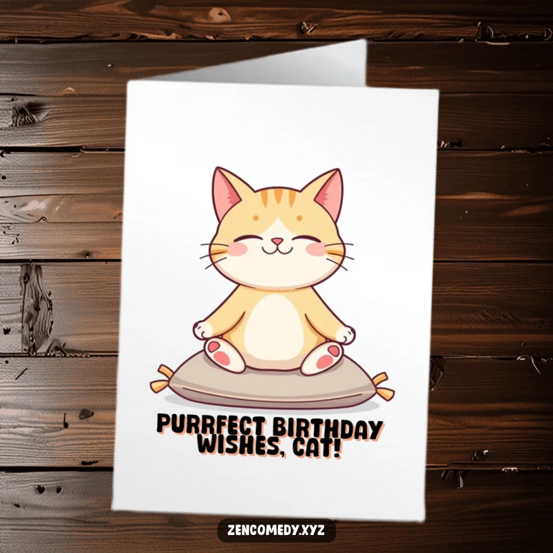 Calm Free Printable Birthday Card: Contented cat in a peaceful yoga pose sits serenely on a cushion, wishing you well.