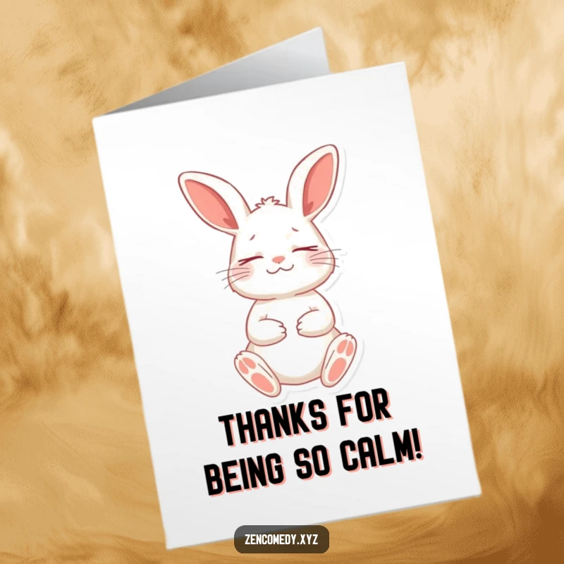 Calm Free Printable Thank You Card: Playful rabbit in a meditative stance closes eyes peacefully, offering thanks.