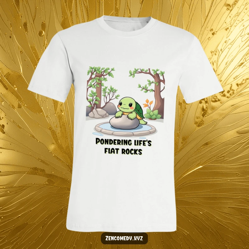 Funny Zen Turtle T-Shirt featuring a peaceful turtle meditating in a serene zen garden, contemplating a smooth stone.