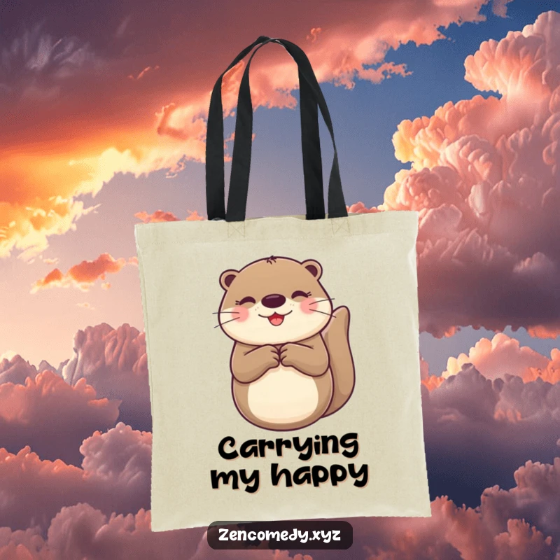 Funny Otter Tote Bag with a cheerful otter floating on its back with paws together, perfect for carrying daily essentials.